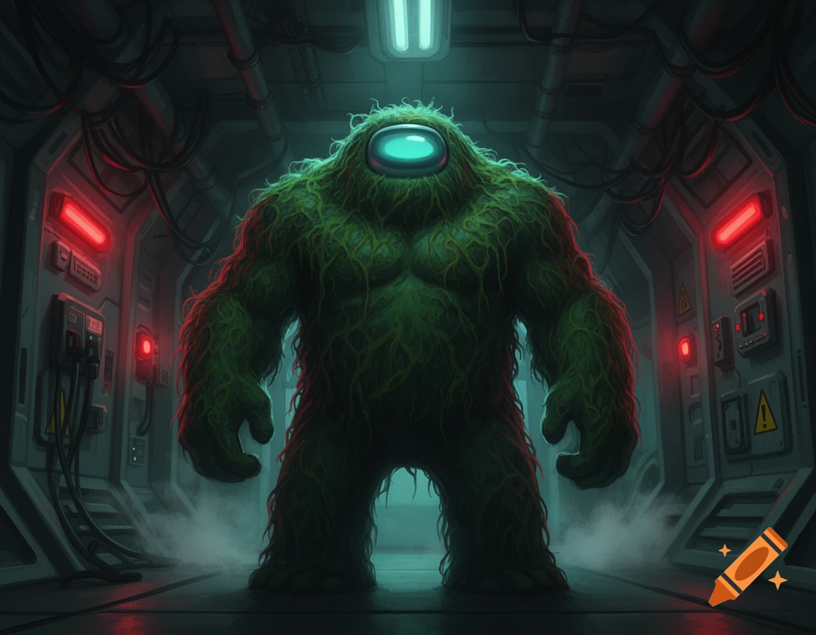 A muscular, green, hairy creature with a single glowing visor standing in a dark, industrial spaceship corridor, digital art style.