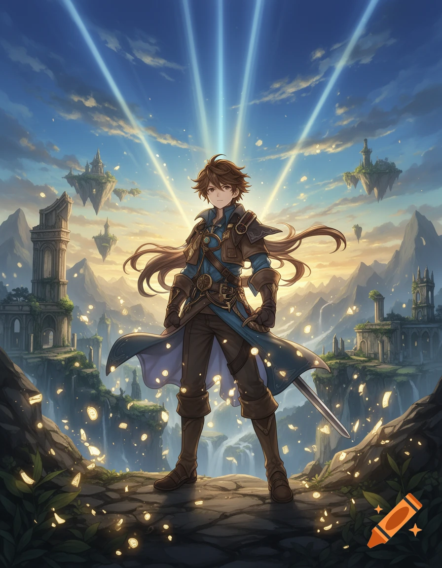Anime style illustration of a young male warrior standing amidst floating ruins and glowing light beams.