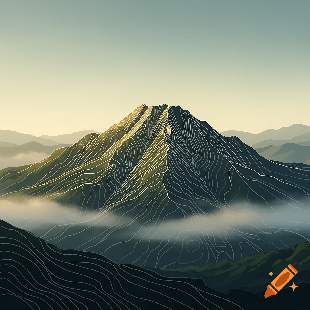 Stylized mountain landscape with topographic contour lines, soft lighting, and misty clouds in digital art style.