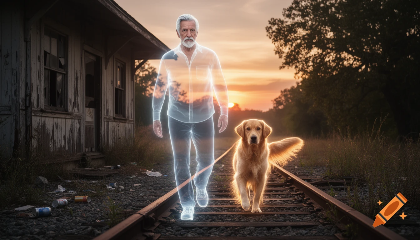 Photorealistic scene of a glowing translucent older man and a bioluminescent golden retriever walking on abandoned railroad tracks at sunset.