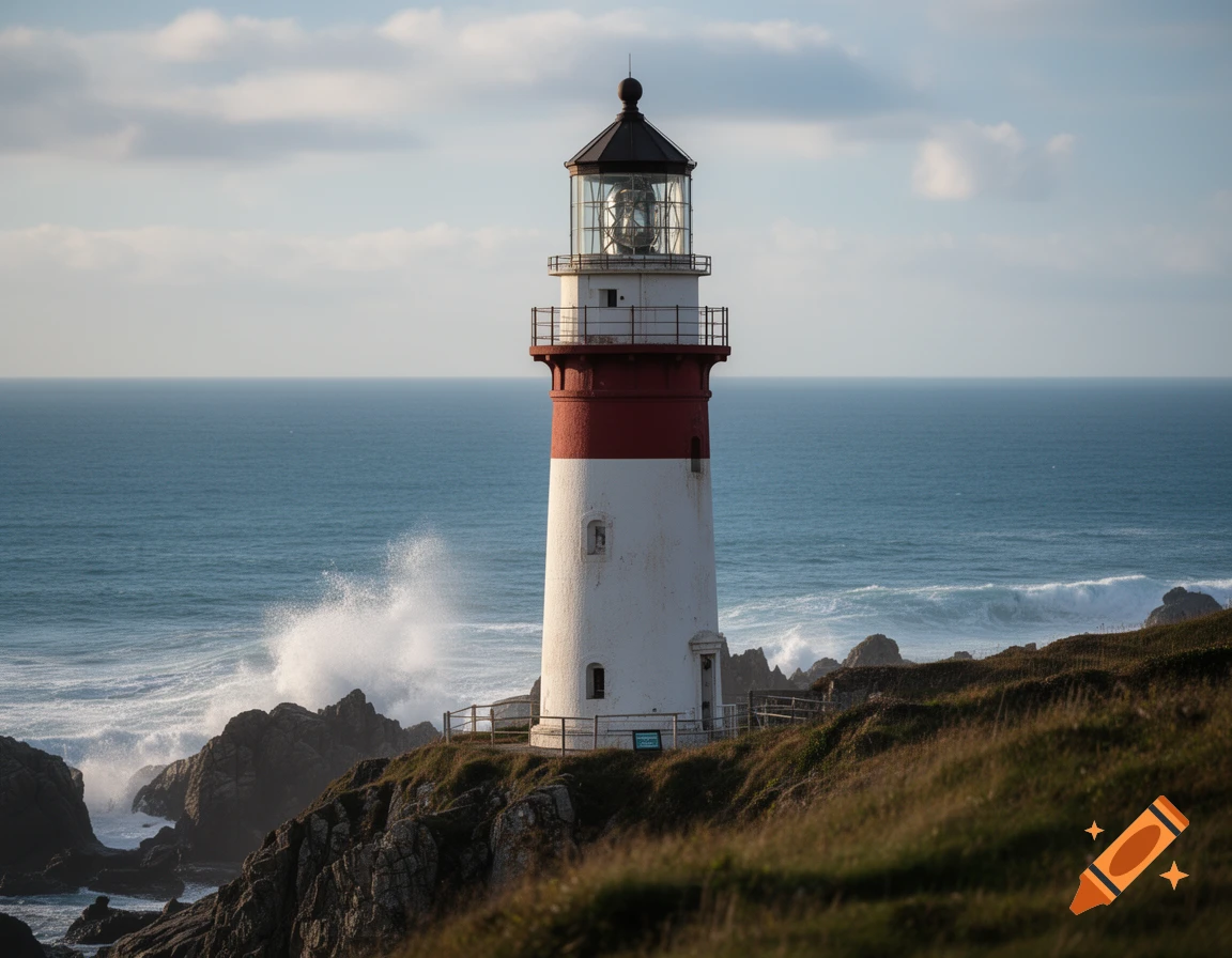 Photorealistic image of a red and white lighthouse on a rocky cliff overlooking the ocean under a cloudy sky.