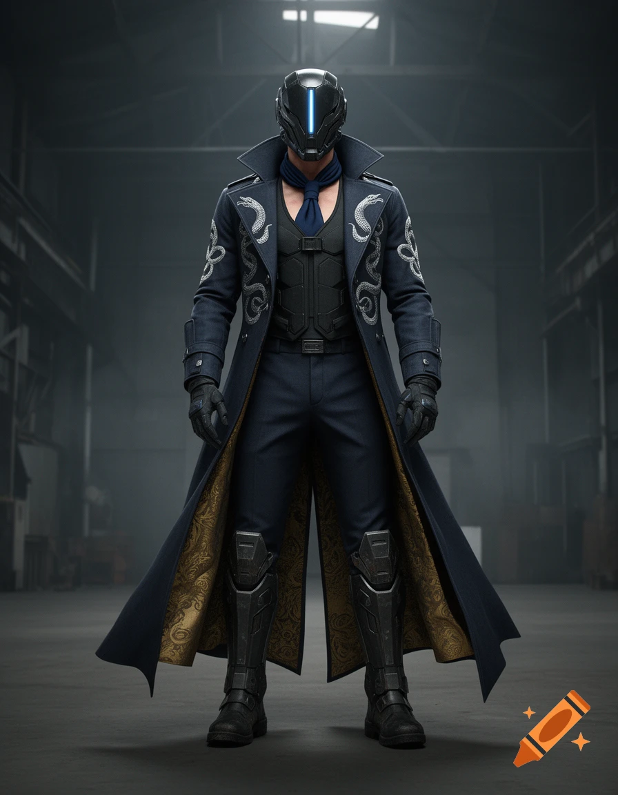 A tall, lean man in a high-collared midnight-blue trench coat and a dark cybernetic helmet standing in an industrial warehouse.