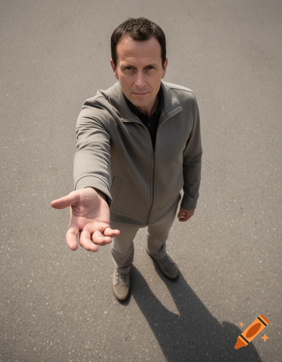 A photorealistic high-angle view of a man in a grey zip-up jacket standing on a paved surface, extending his right hand toward the camera.
