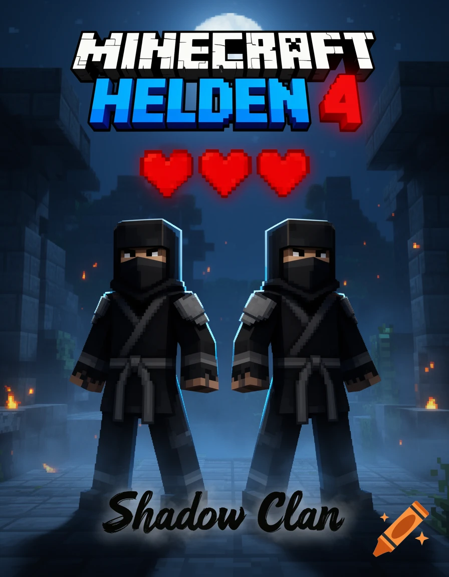 Minecraft-style poster depicting two ninja characters with three red hearts above and the text Minecraft Helden 4 and Shadow Clan.