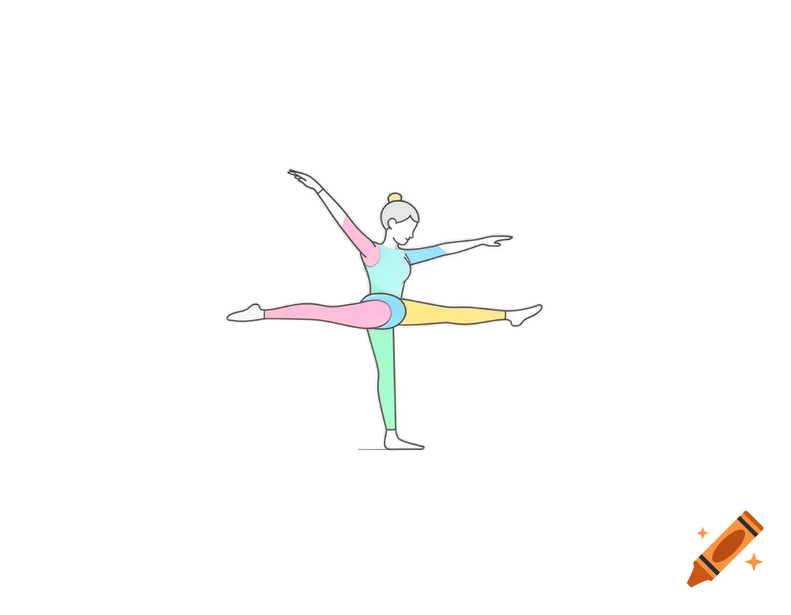 Minimalist 2D line art illustration of a character performing a gymnastics split pose with soft pastel colors on a white background.