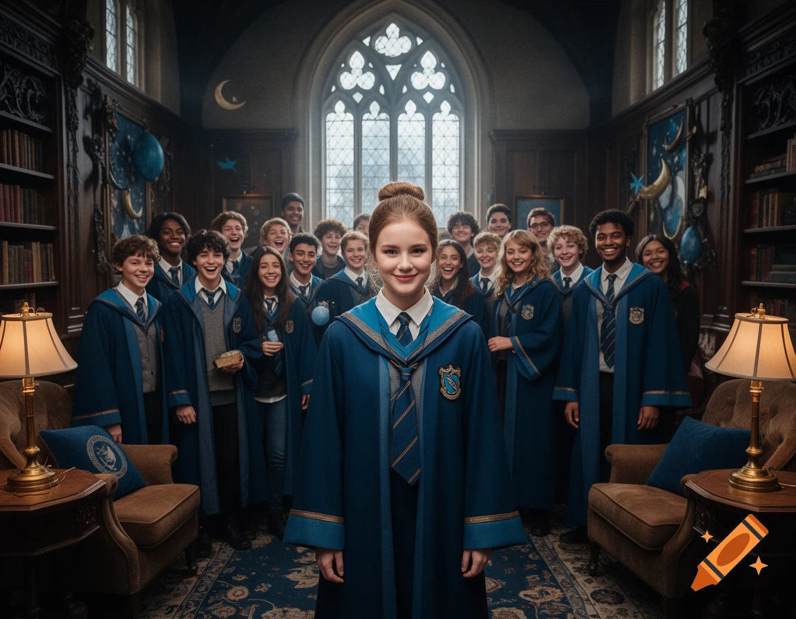 A young woman with a bun and light brown hair standing in the Ravenclaw common room surrounded by happy classmates in blue robes.