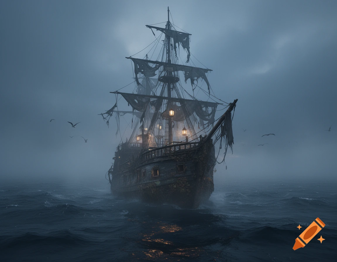 Photorealistic ghost ship sailing through a dark, foggy sea with glowing lanterns.