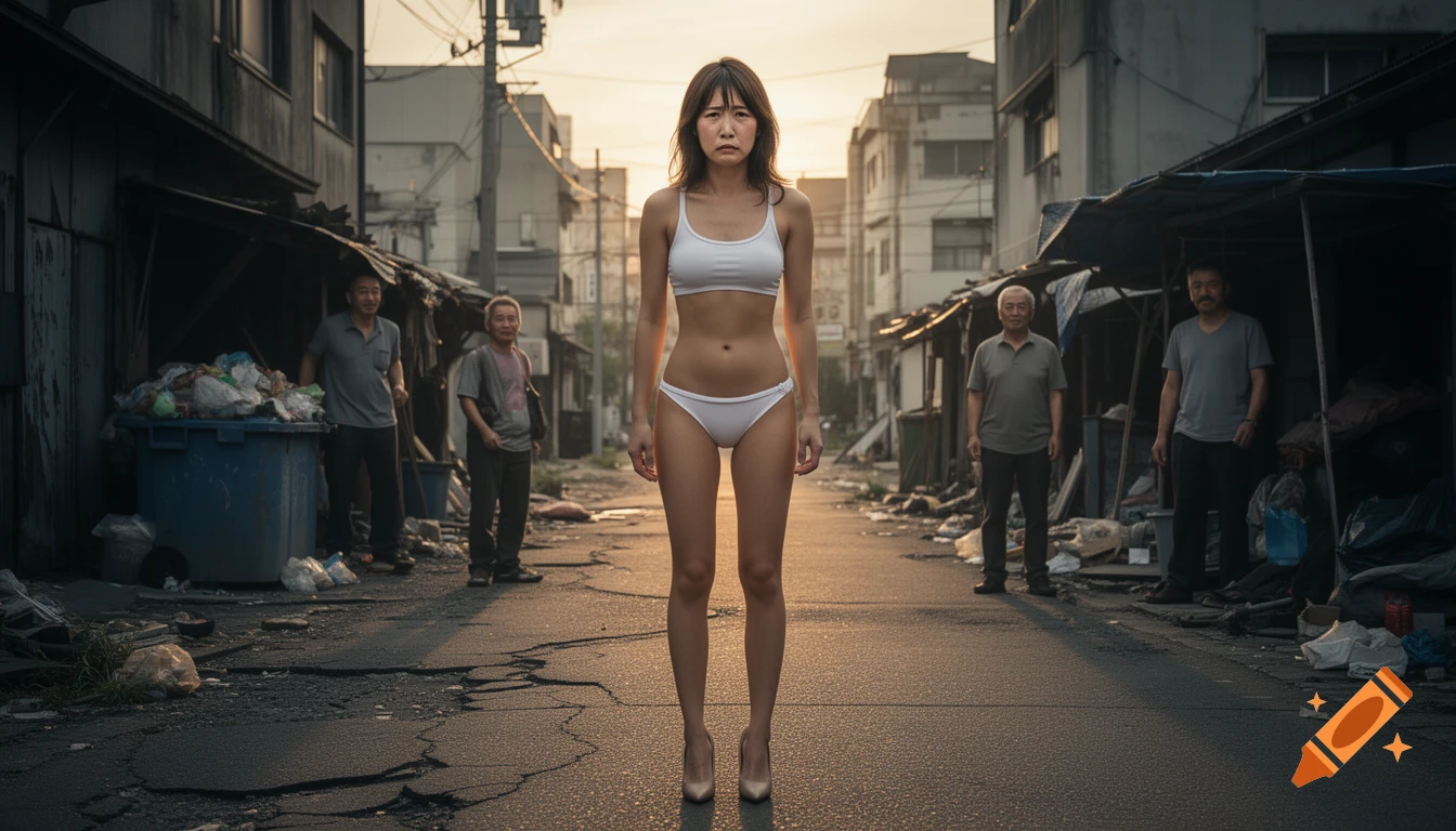 Photorealistic full-body shot of a young woman standing on a rundown street, surrounded by several men in the background.