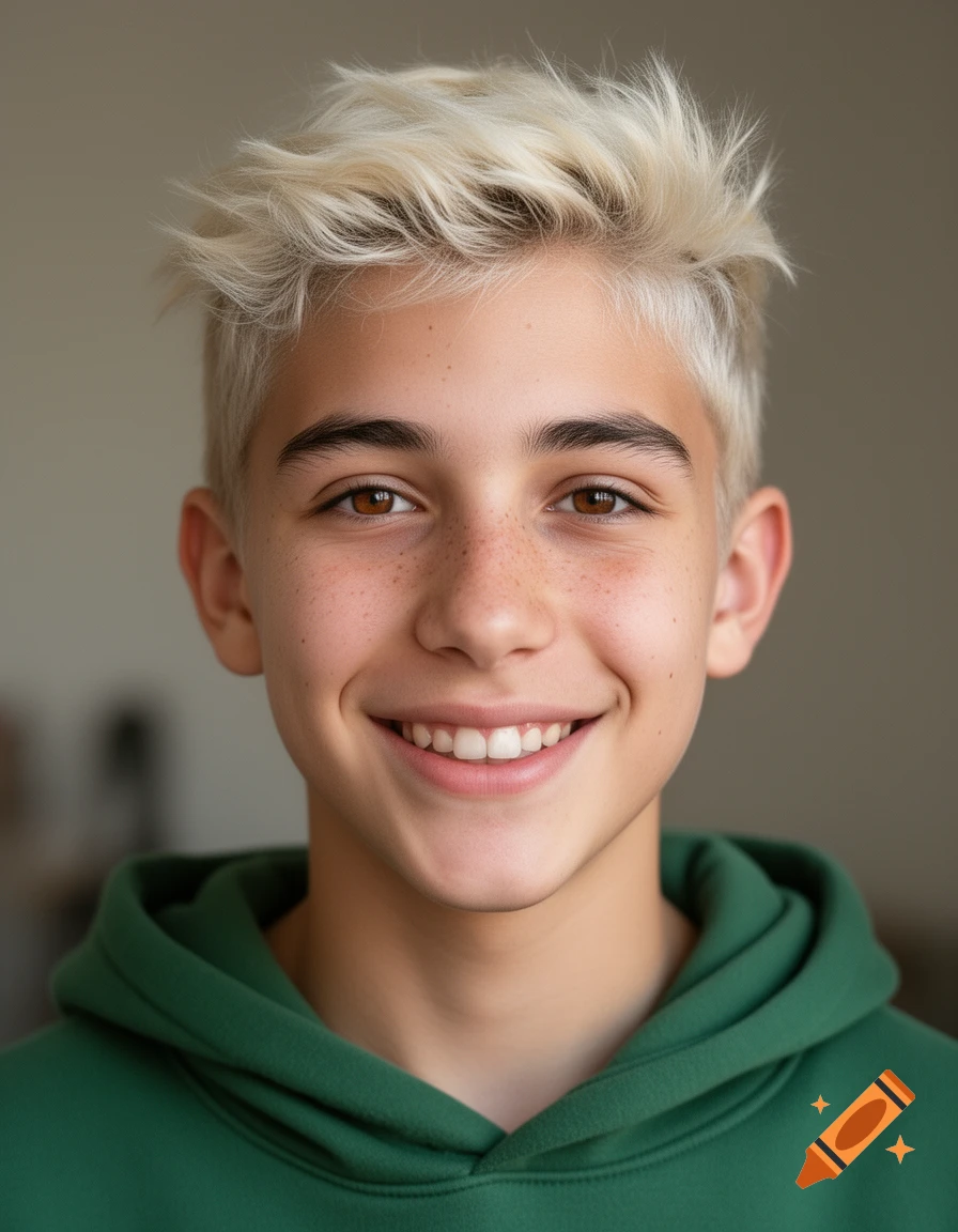 Close-up portrait of a 15-year-old androgynous boy with platinum-blonde hair, freckles, and a green hoodie, smiling genuinely.