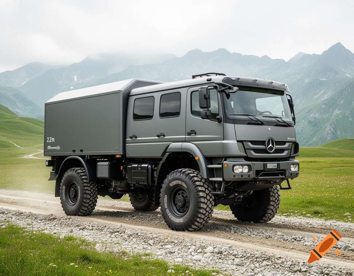 Photorealistic view of a matte gray Mercedes-Benz expedition truck driving on an alpine gravel track.