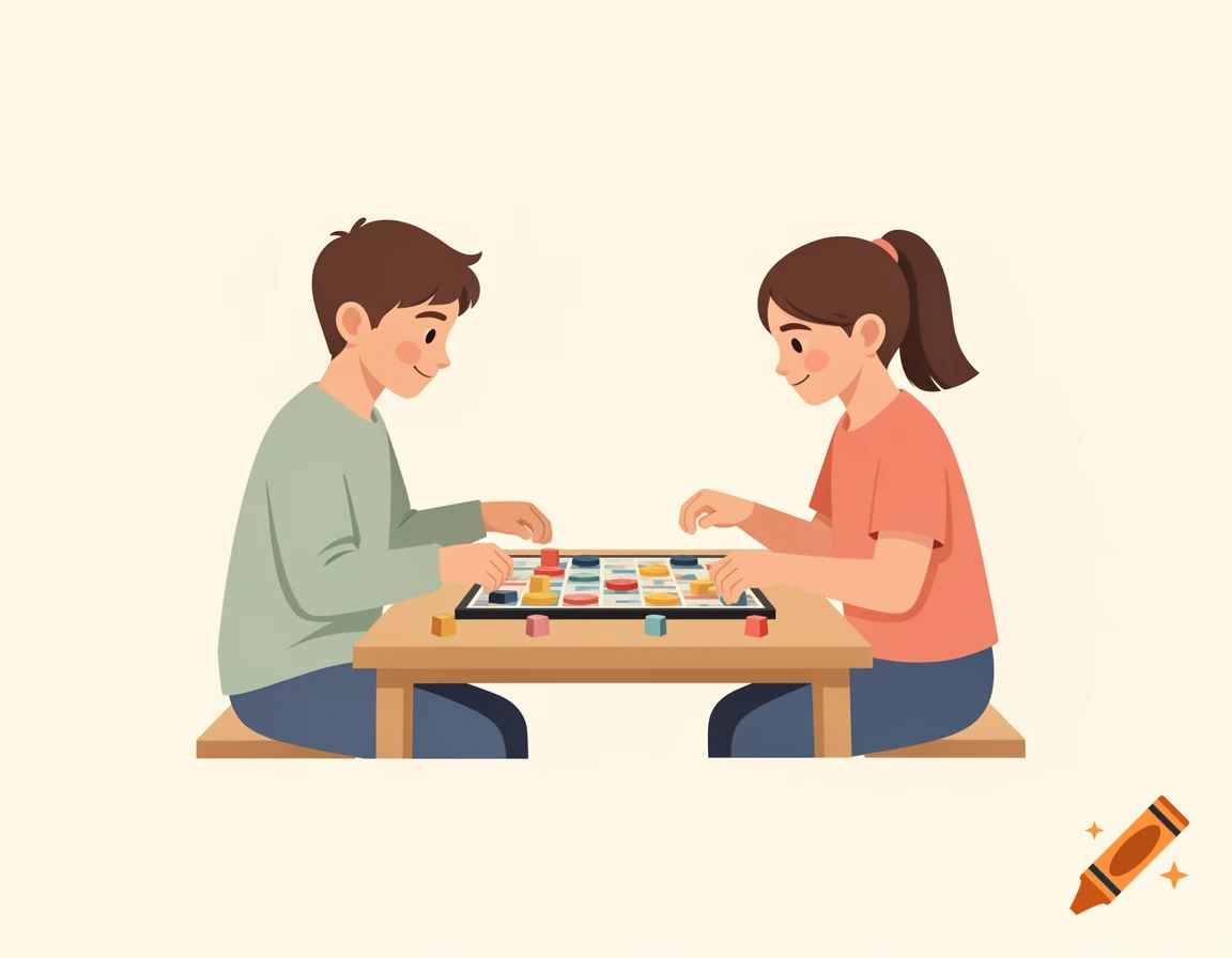 A flat vector illustration of a young boy and girl sitting at a wooden table playing a board game.