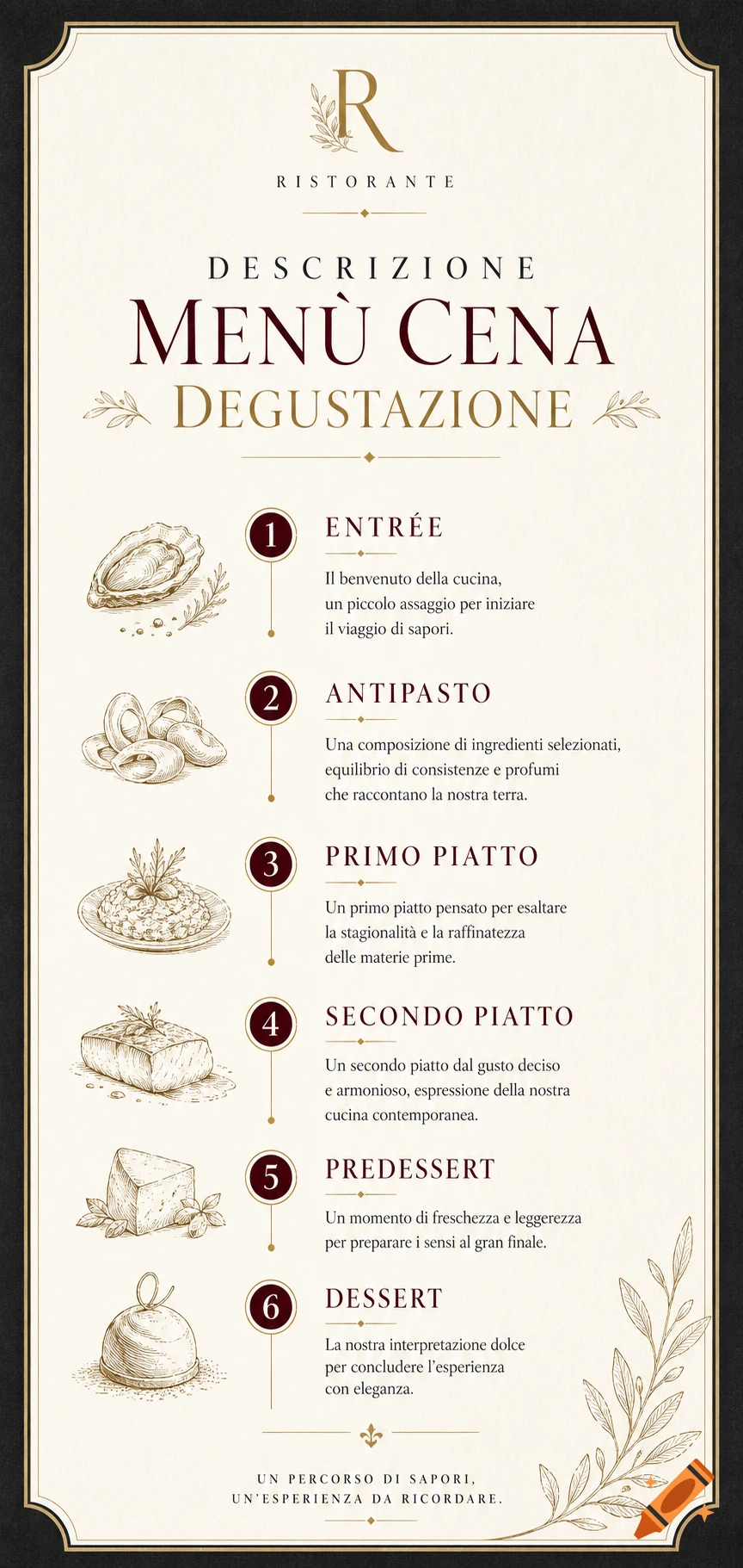 Elegant restaurant tasting menu with Italian text, numbered courses, and vintage food illustrations on cream background.