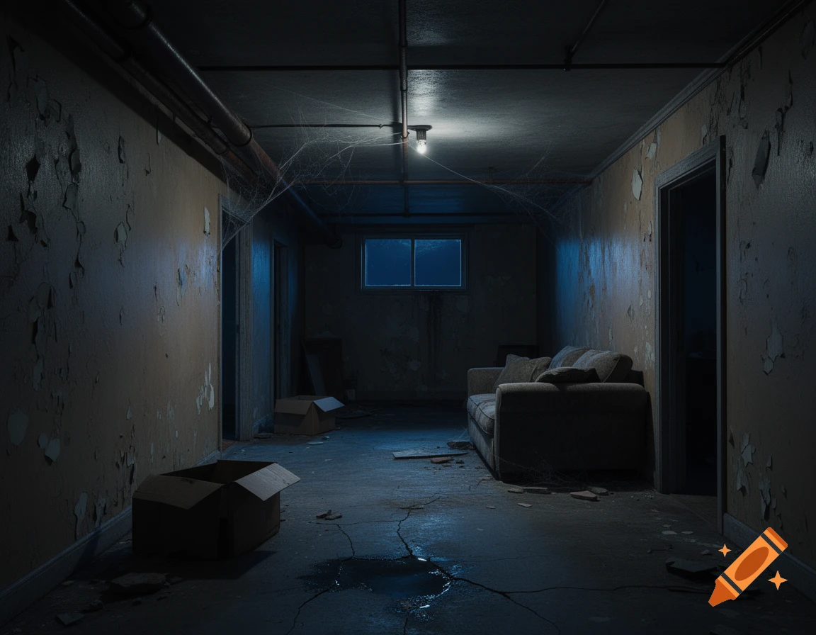 Photorealistic image of a dark, abandoned basement apartment hallway with peeling wallpaper, exposed pipes, and a couch.