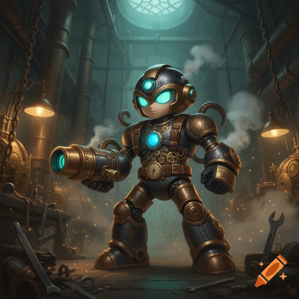 Steampunk robotic character resembling Mega Man standing in a factory with pipes and steam.