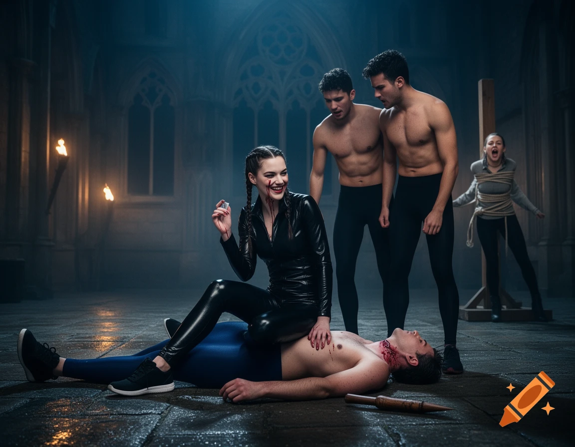 Photorealistic scene of a female vampire in a black suit sitting on a defeated vampire hunter in a medieval hall.