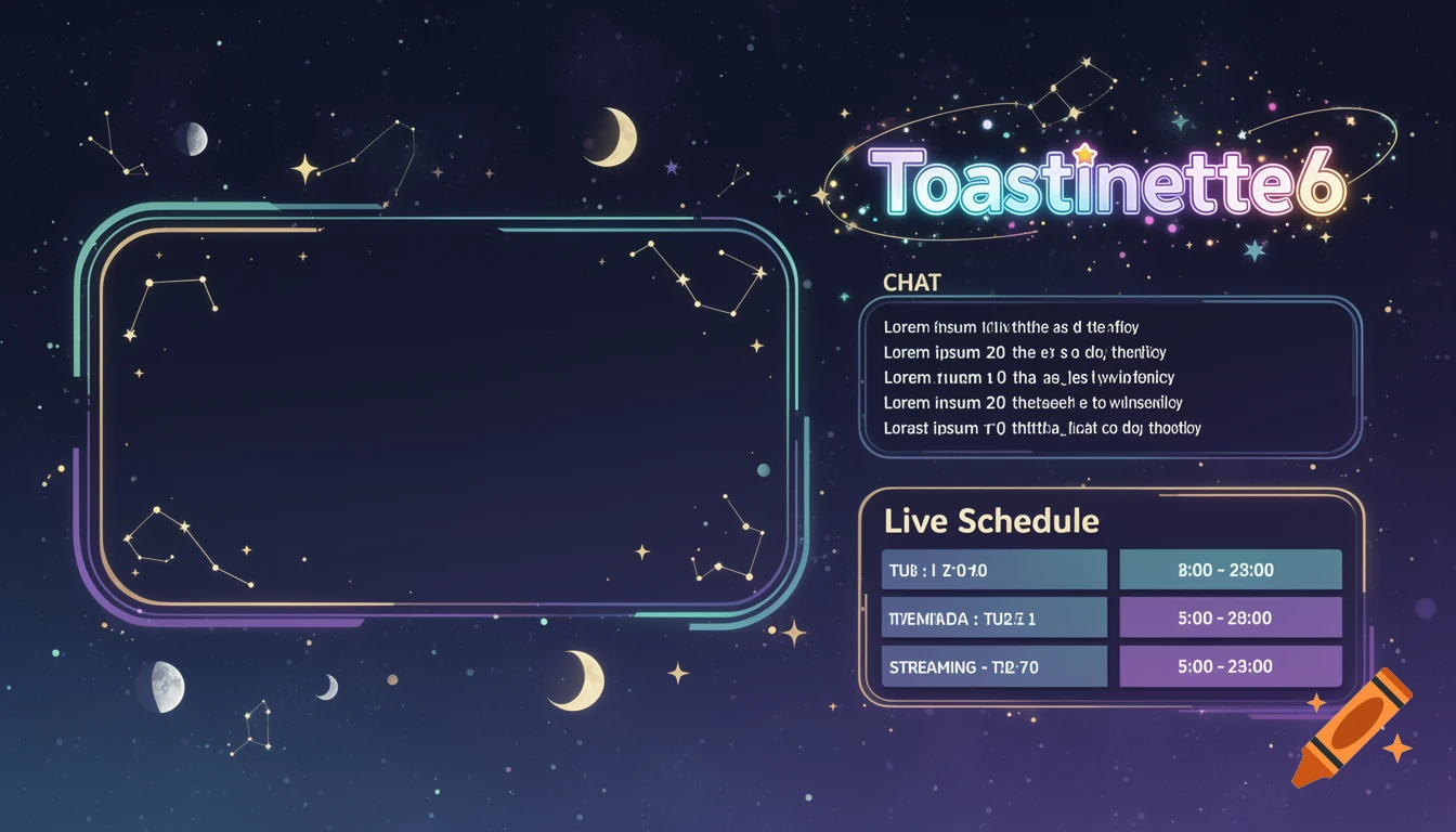 Twitch stream overlay with a starry night background, neon frames, and constellations.