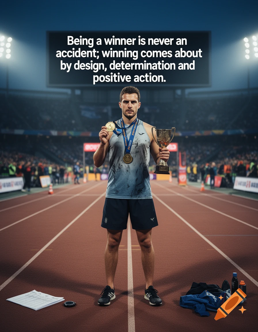 Photorealistic image of a male athlete holding a gold medal and a trophy on a running track with a motivational text overlay.
