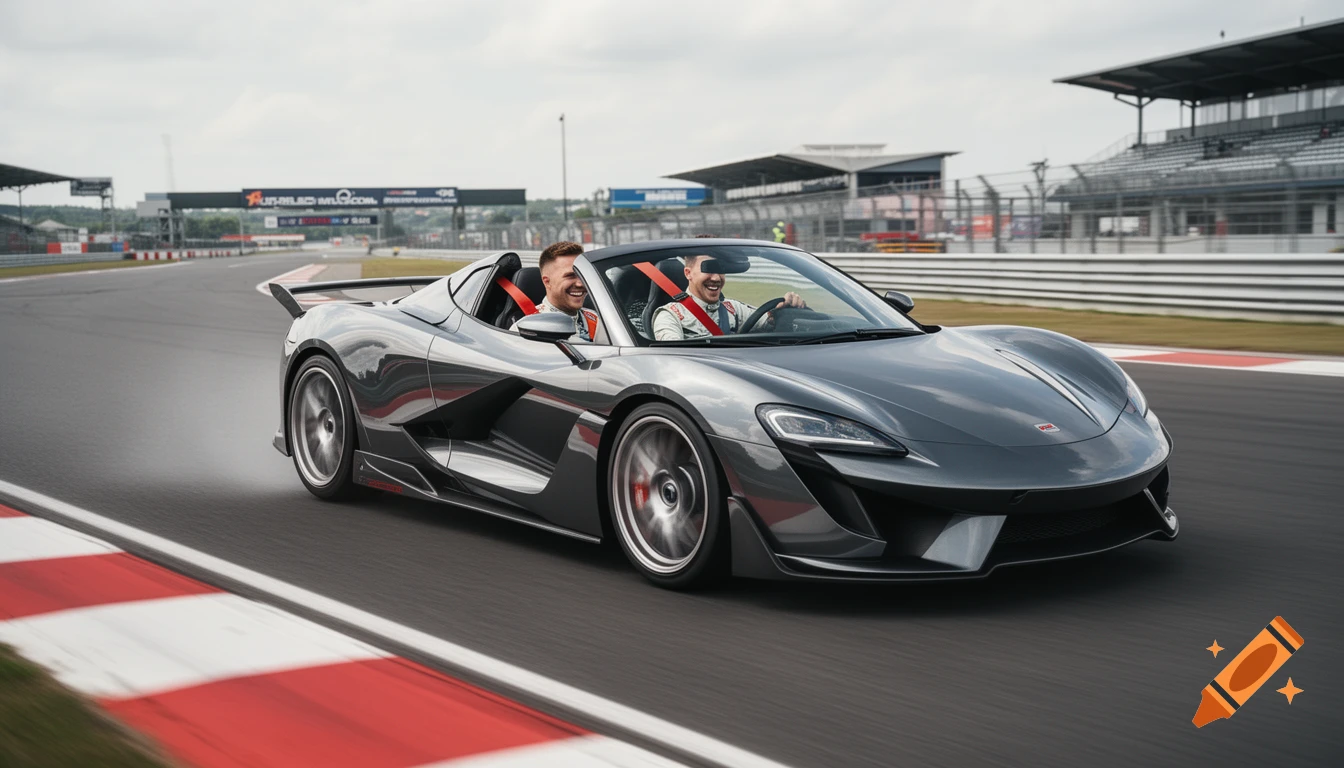 Photorealistic image of two men smiling while driving a grey convertible sports car on a racetrack.