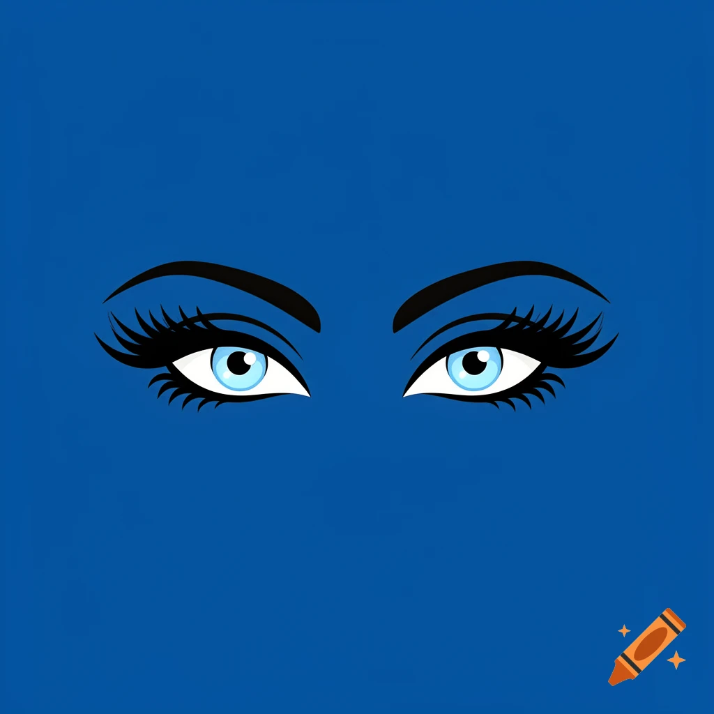 Illustration of two blue eyes with long black eyelashes against a solid blue background.