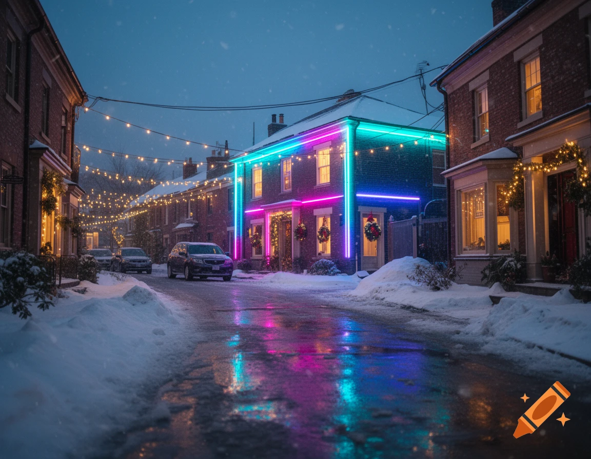 Photorealistic winter street scene at dusk with snow-covered road, traditional houses, and bright neon blue and pink LED lights on one building.