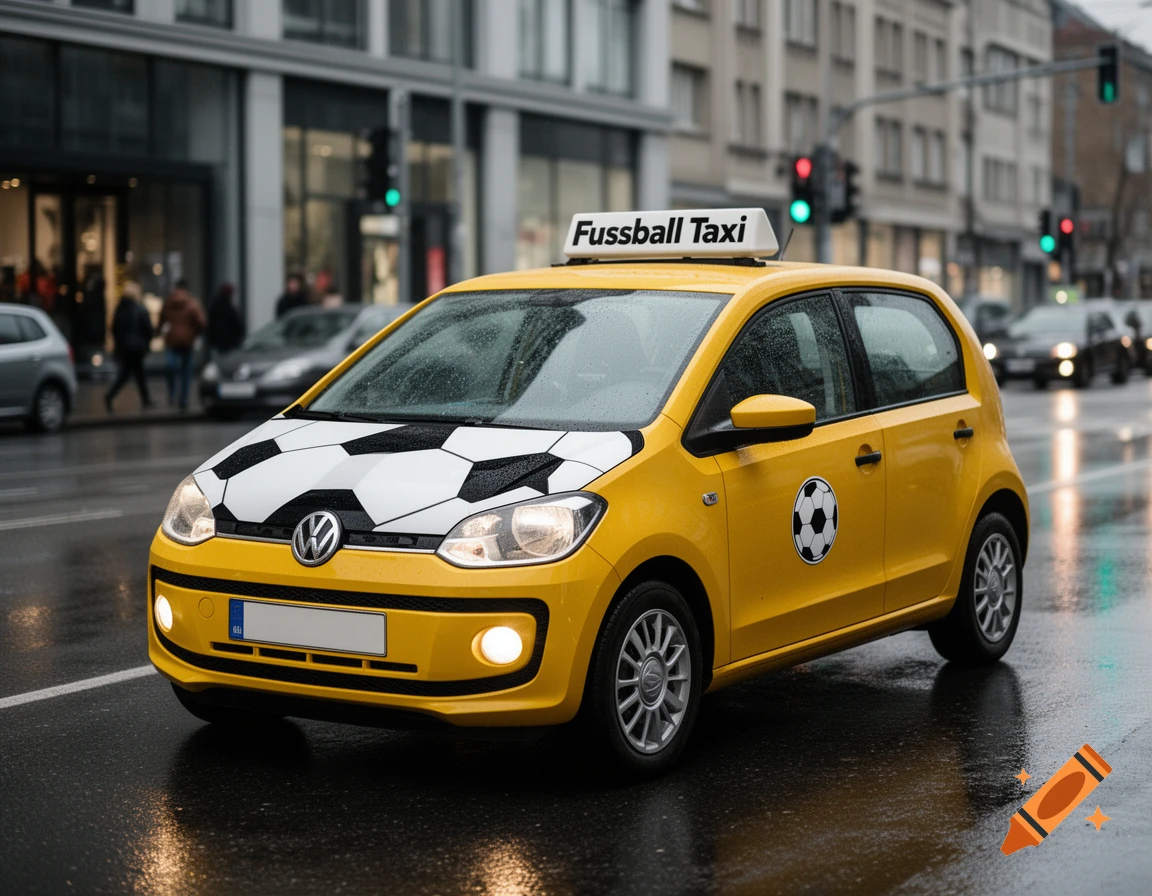 Photorealistic image of a yellow taxi with soccer ball pattern parked on a wet city street.