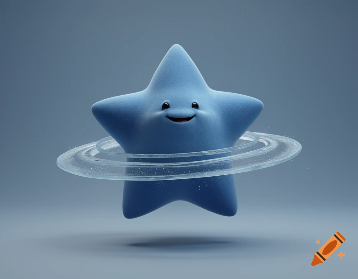 3D render of a cute blue star character with smiling face and glowing rings around its waist against a grey background.