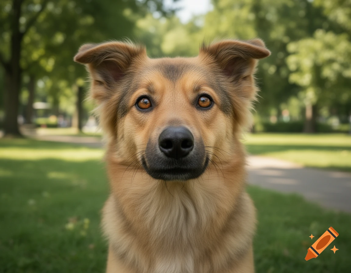 Close-up photorealistic portrait of a fluffy brown and tan dog in a green park.