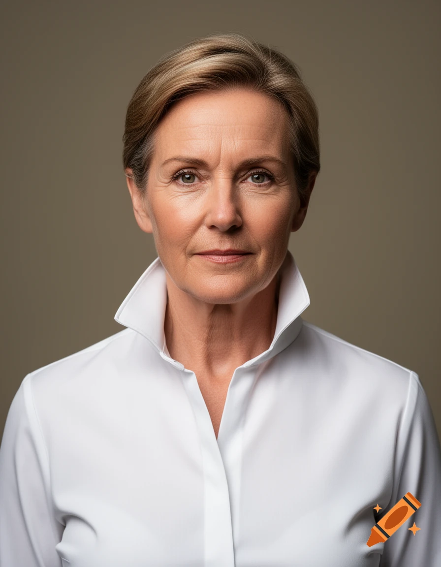 Photorealistic portrait of Judy Murray wearing a crisp white formal shirt with a raised collar against a neutral background.