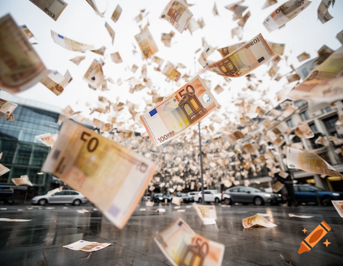 Euro banknotes raining down on a wet city street in front of buildings and cars, photorealistic.