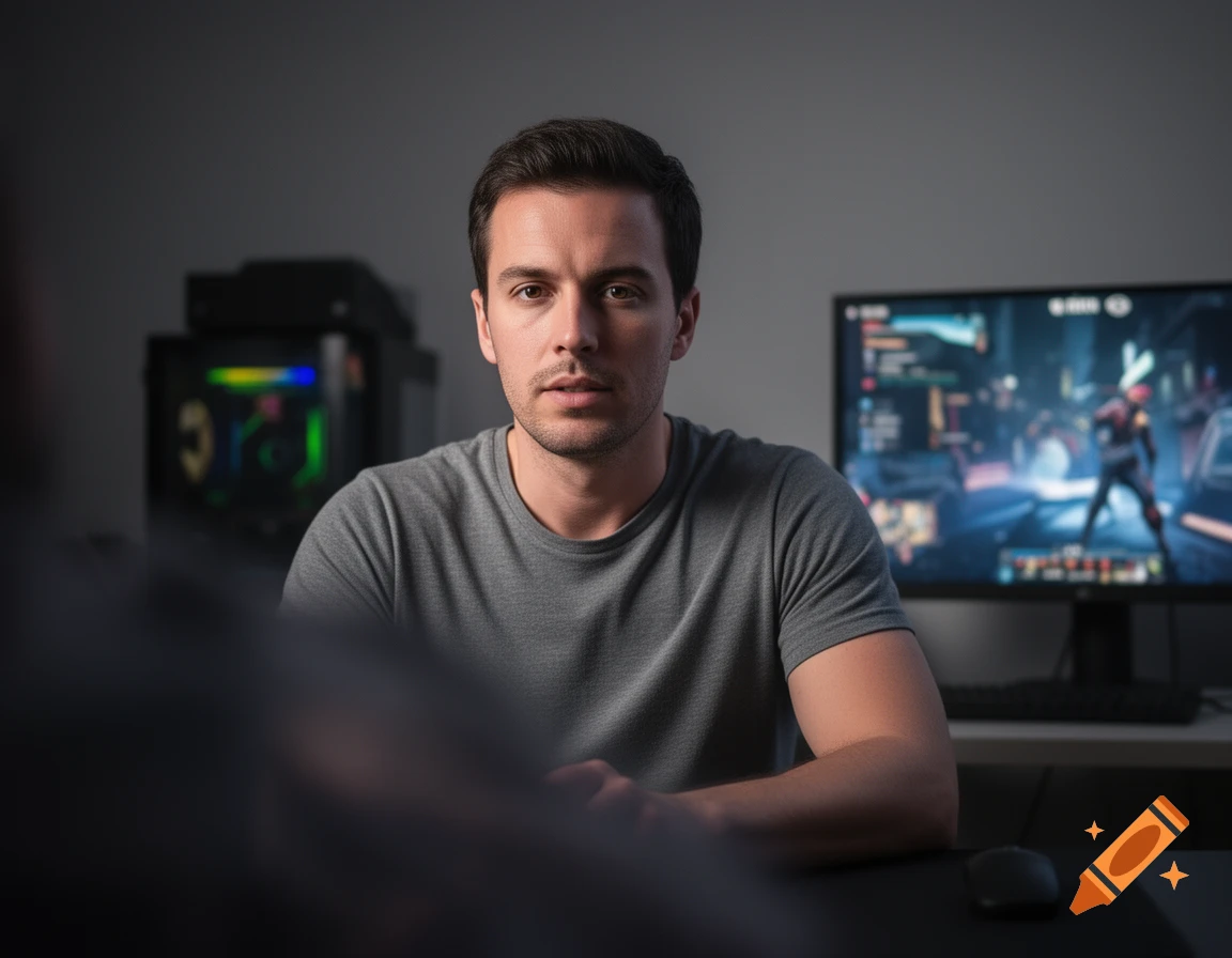 Photorealistic medium shot of a young man with dark hair in a gray t-shirt sitting at a desk in front of a computer monitor with a gaming setup.