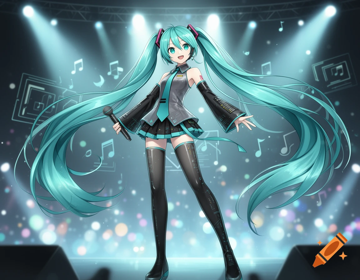 Anime style illustration of Hatsune Miku performing on a stage with glowing musical notes and stage lights.