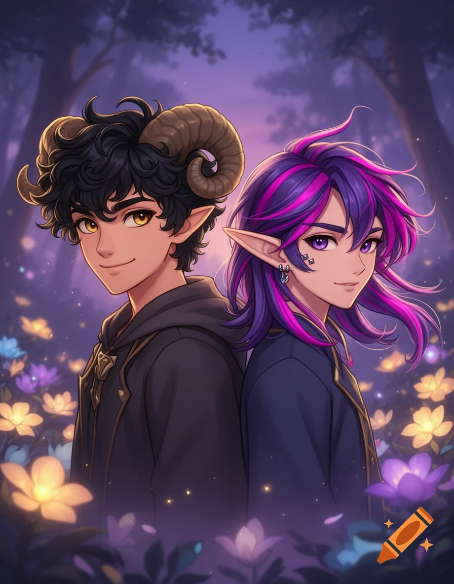An anime-style digital illustration of two fantasy boys standing back-to-back in a magical glowing forest surrounded by flowers.