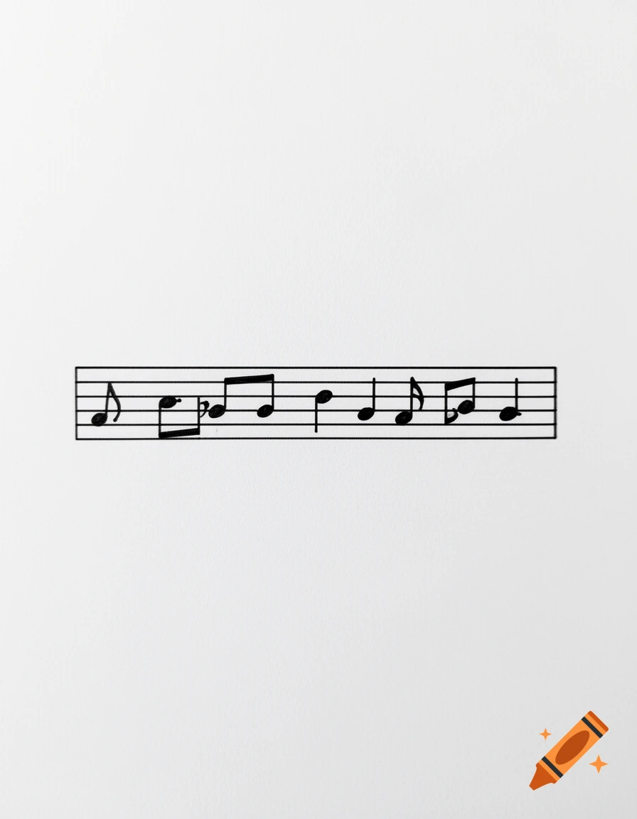 Minimalist black ink drawing of musical notes on a single staff bar against a white background