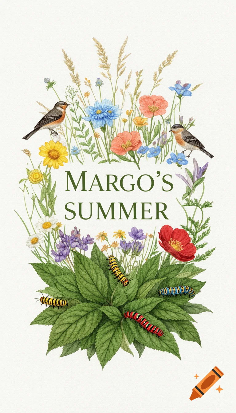 Vintage botanical illustration with wildflowers, birds, caterpillars, and the text 'MARGO'S SUMMER'.