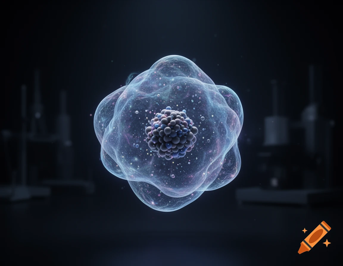 3D visualization of an atom with a central nucleus and surrounding electron cloud in a dark laboratory setting