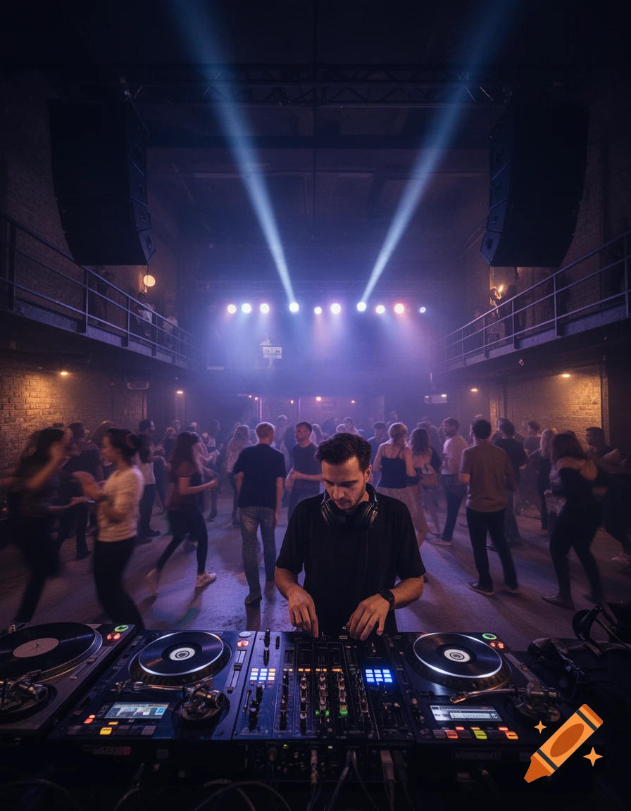 A DJ mixing music at a crowded nightclub with dancers and stage lights, photorealistic.