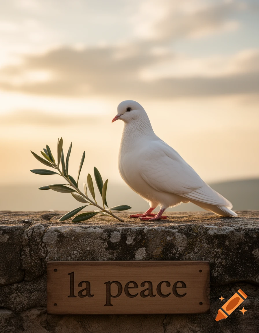 Photorealistic white dove with an olive branch standing on a stone wall with a wooden sign reading la peace at sunset.
