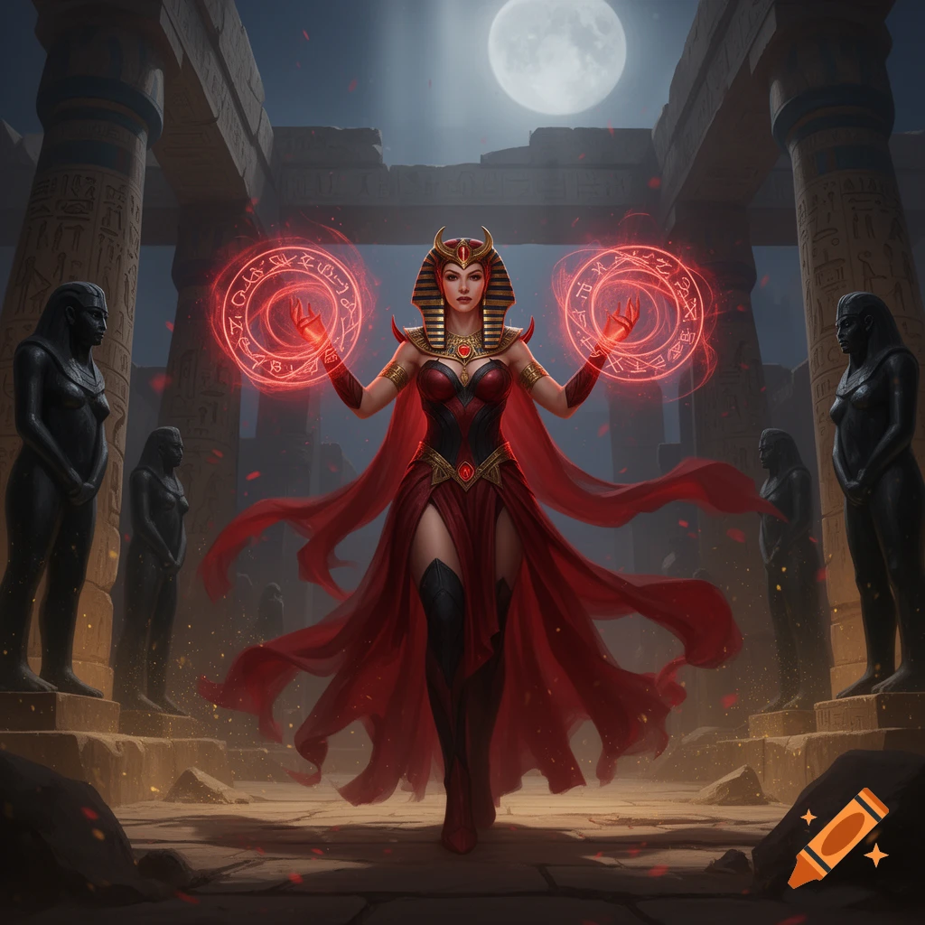Digital painting of an Egyptian Scarlet Witch with glowing red magic circles in an ancient temple under a full moon.