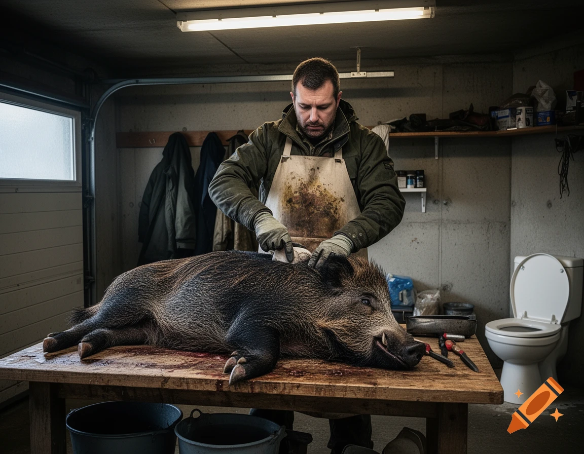 Photorealistic image of a hunter butchering a wild boar on a wooden table in a garage with an open toilet nearby.