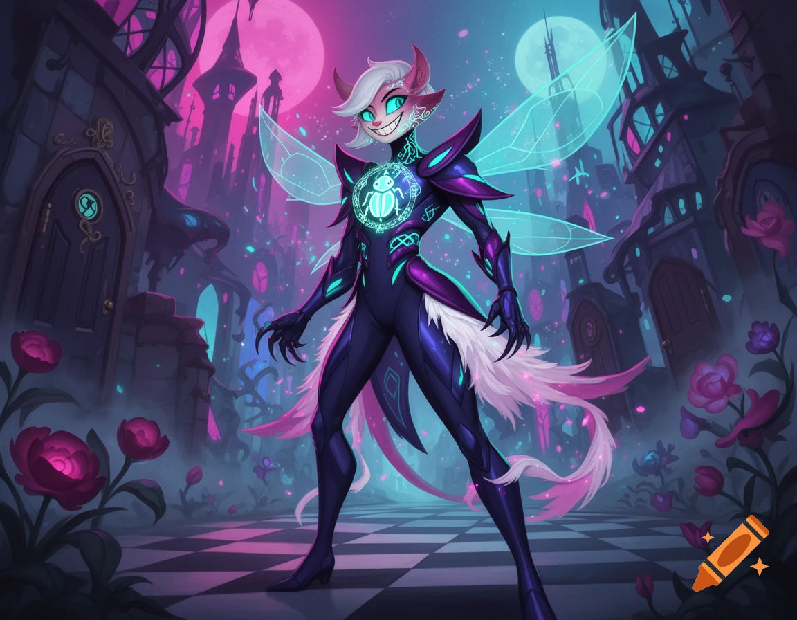 Digital art of a whimsical horned creature with glowing blue bug wings and chest emblem standing on a checkered street in a fantasy town.