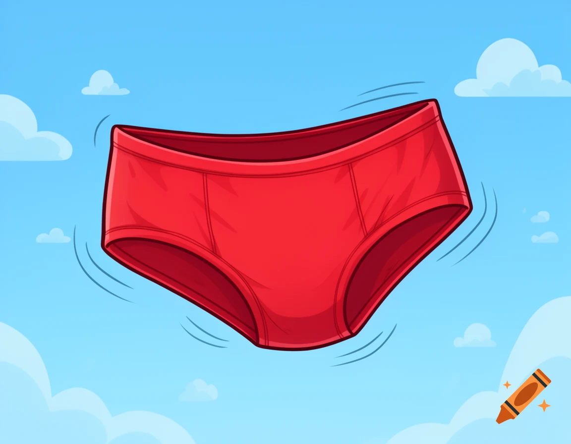 Cartoon illustration of a pair of red underpants floating in a blue sky with white clouds.