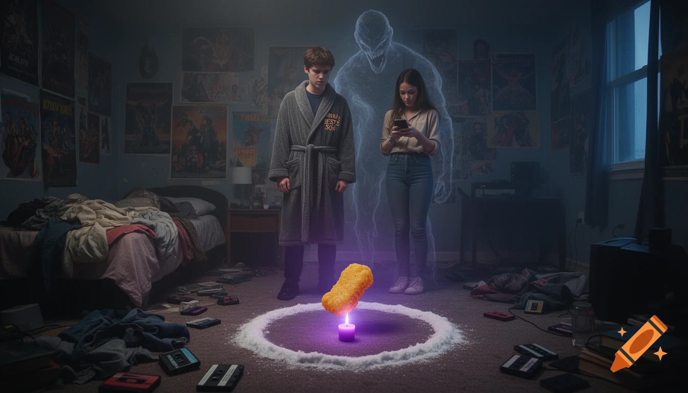 Cinematic wide shot of a teen boy in a bathrobe and a girl looking at a phone, standing around a glowing nugget in a salt circle inside a messy bedroom with a monster shadow behind them, in the style of Stranger Things.
