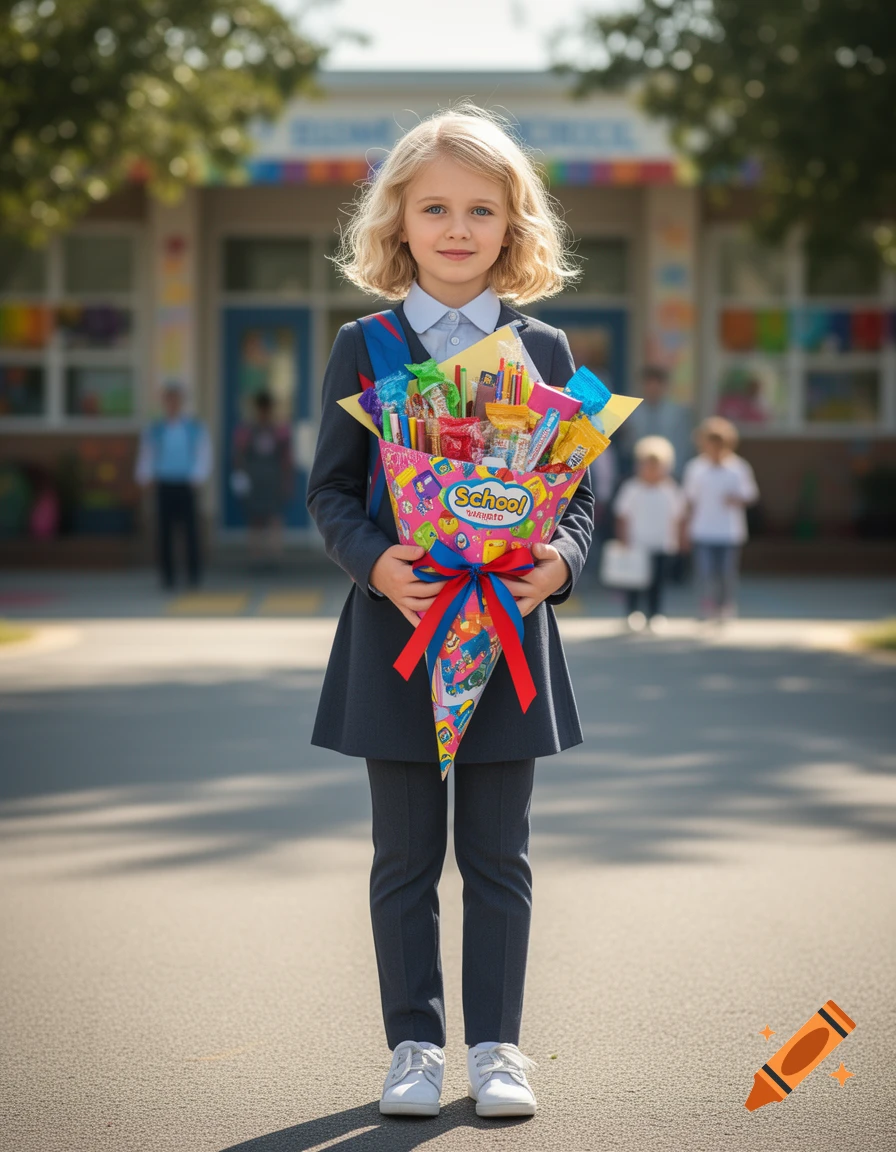 Photorealistic image of a young blonde girl in a school uniform holding a large colorful school cone (Schultüte) in front of a school building.