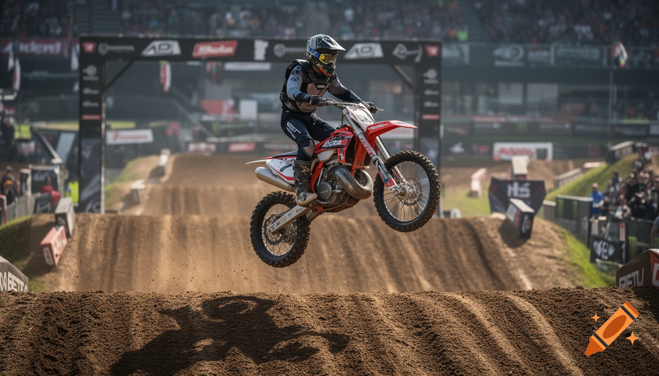 Photorealistic action shot of a motocross rider performing a whip jump over a dirt track obstacle in a stadium.