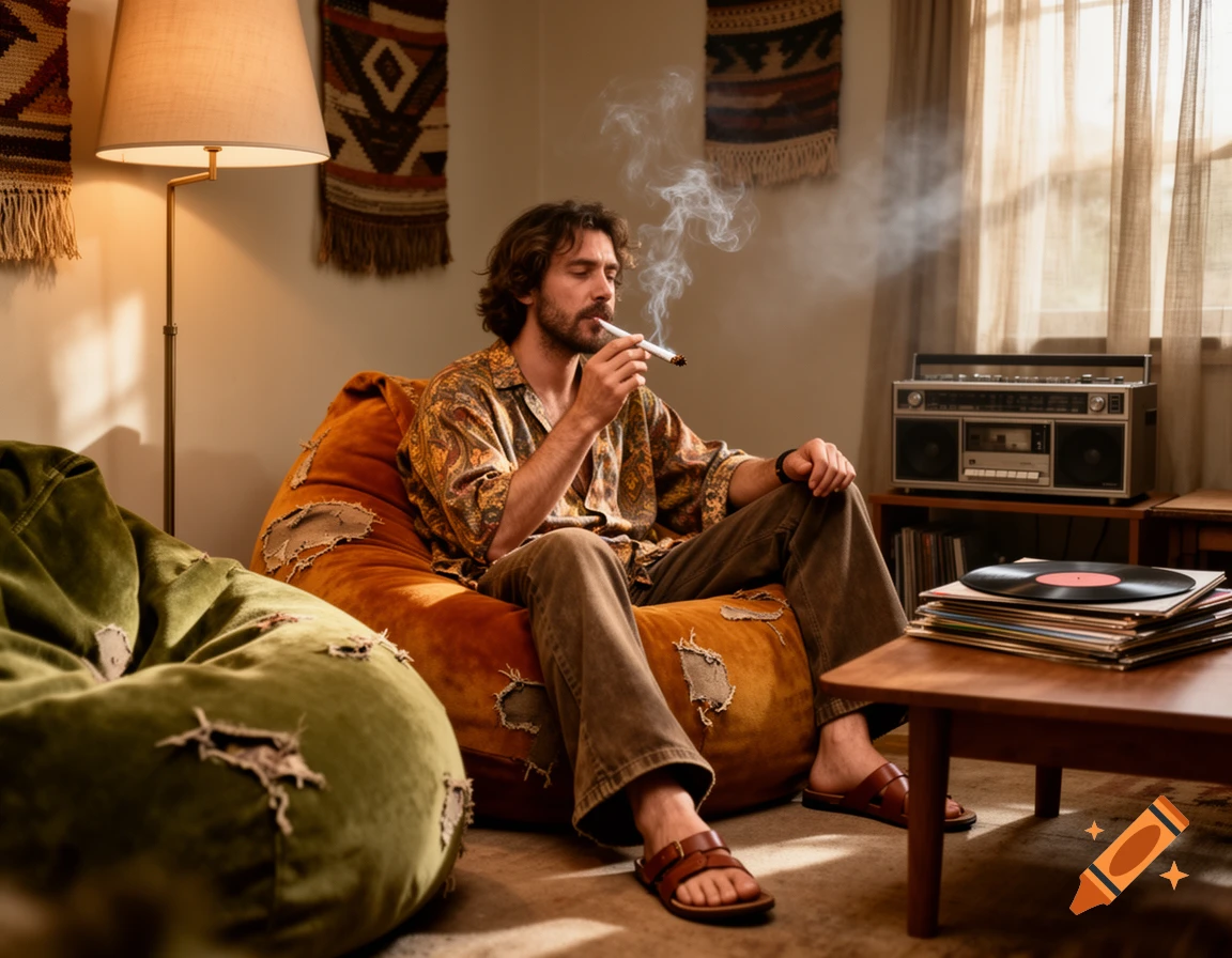 Photorealistic 1960s scene of a bearded man relaxing on an orange bean bag chair, smoking, with a vintage radio and record player.