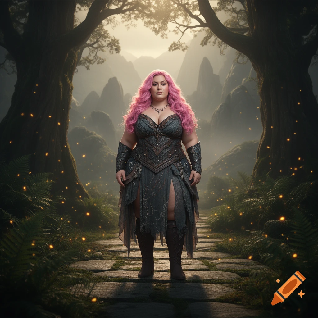 Full-body portrait of a plus-size fantasy warrior woman with long pink hair, standing on a stone path in a misty forest.