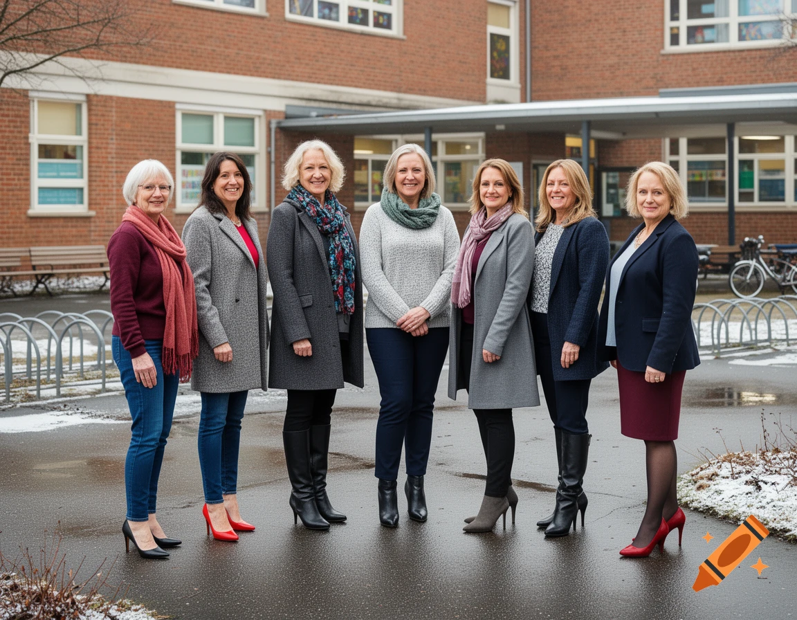 Photorealistic image of seven diverse women standing together in a school courtyard, wearing coats and high heels.