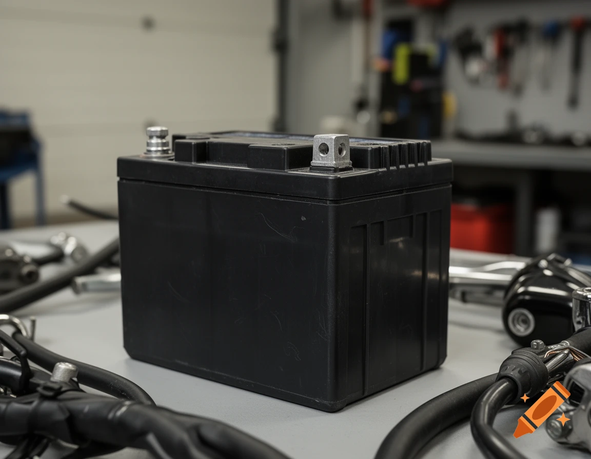 Photorealistic close-up of a black motorcycle battery sitting on a workbench surrounded by tools and cables.