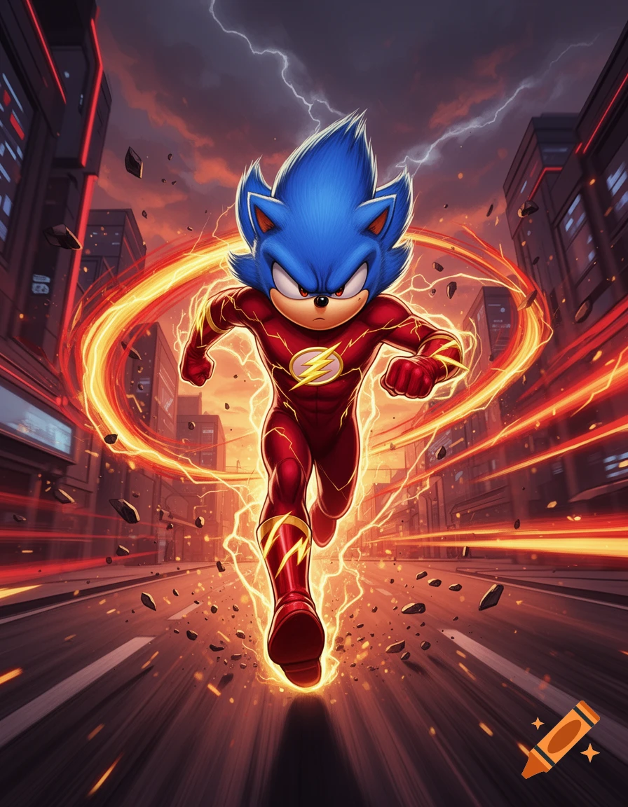 Digital illustration of Sonic the Hedgehog dressed in a Flash costume, running fast down a city street surrounded by lightning trails.