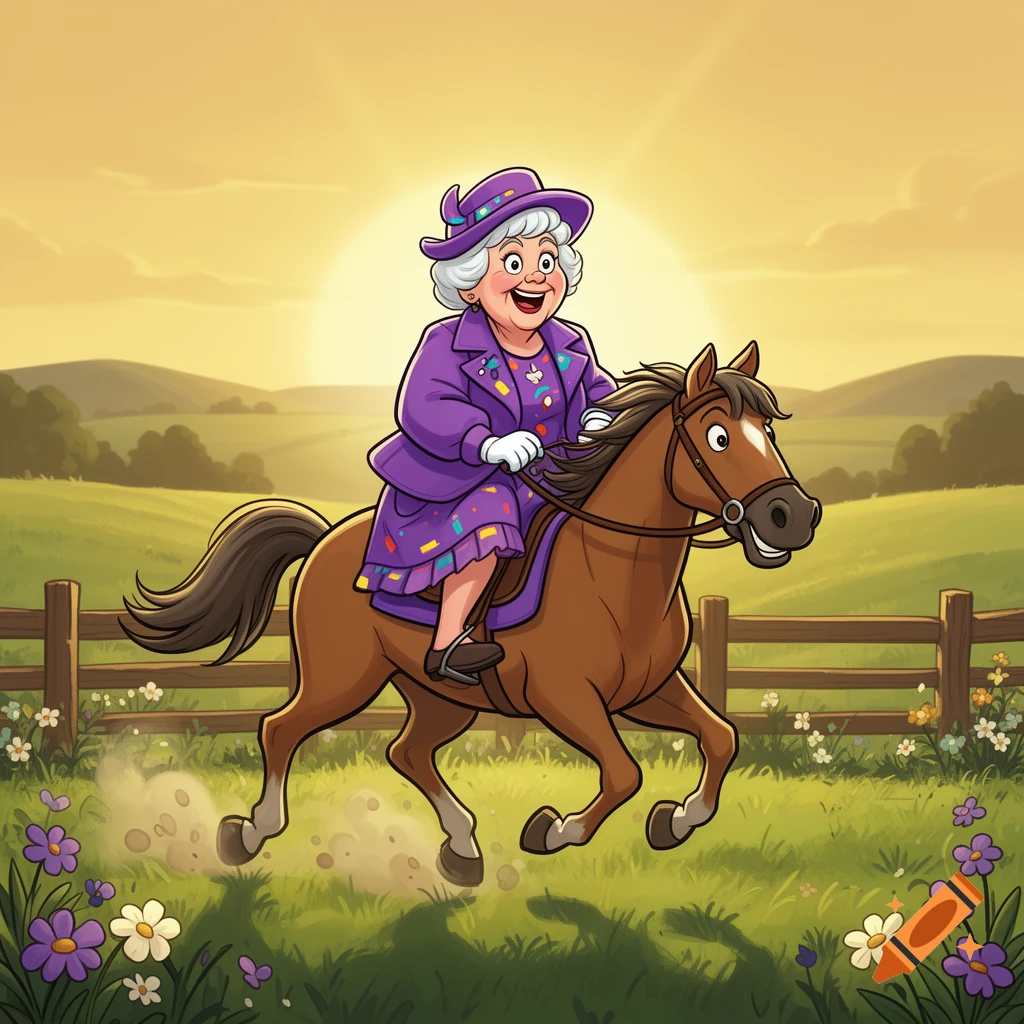 Cartoony grandmother in a purple outfit and hat riding a brown horse in a green paddock with flowers and a sunset.